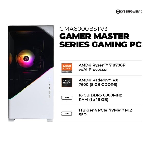 CyberPowerPC - Gamer Master Gaming Desktop - AMD Ryzen 7 8700F - 16GB Memory - AMD Radeon RX 7600 8GB - 1TB PCIe 4.0 SSD - White