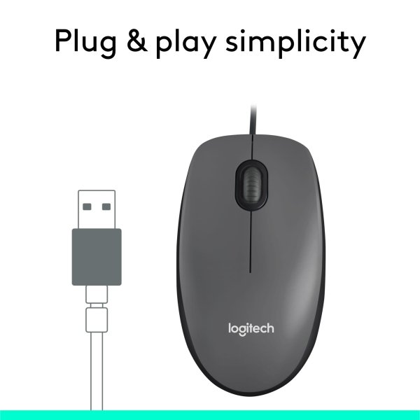 Logitech - M100 Wired Optical Ambidextrous PC Mouse with 1000 DPI Optical Tracking - Wired - Gray