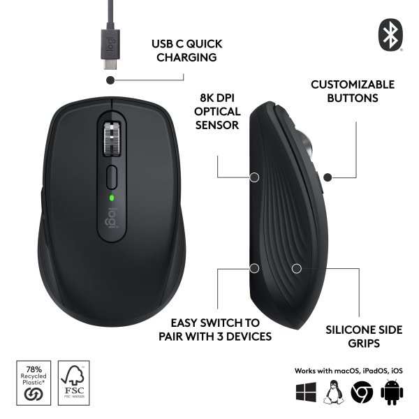 5879ef7f-e332-479f-8668-0c9960b0611b.jpg Logitech - MX Anywhere 3S Wireless Bluetooth Optical Fast Scrolling Mouse with Programmable Buttons - Wireless - Black