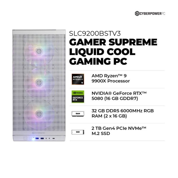 CyberPowerPC - Gamer Supreme Gaming Desktop - AMD Ryzen 9 9900X - 32GB Memory - NVIDIA GeForce RTX 5080 16GB - 2TB PCIe 4.0 SSD - White