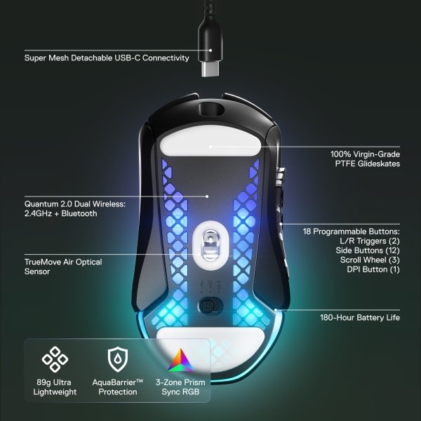 SteelSeries - Aerox 9 Wireless Ultra Lightweight Honeycomb Water Resistant RGB Optical Gaming Mouse With 18 Programmable Buttons - Wireless - Black