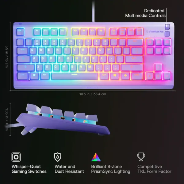 TKL Wired Membrane Whisper Quiet Switch Gaming Keyboard 8 zone RGB Backlighting - Lavender